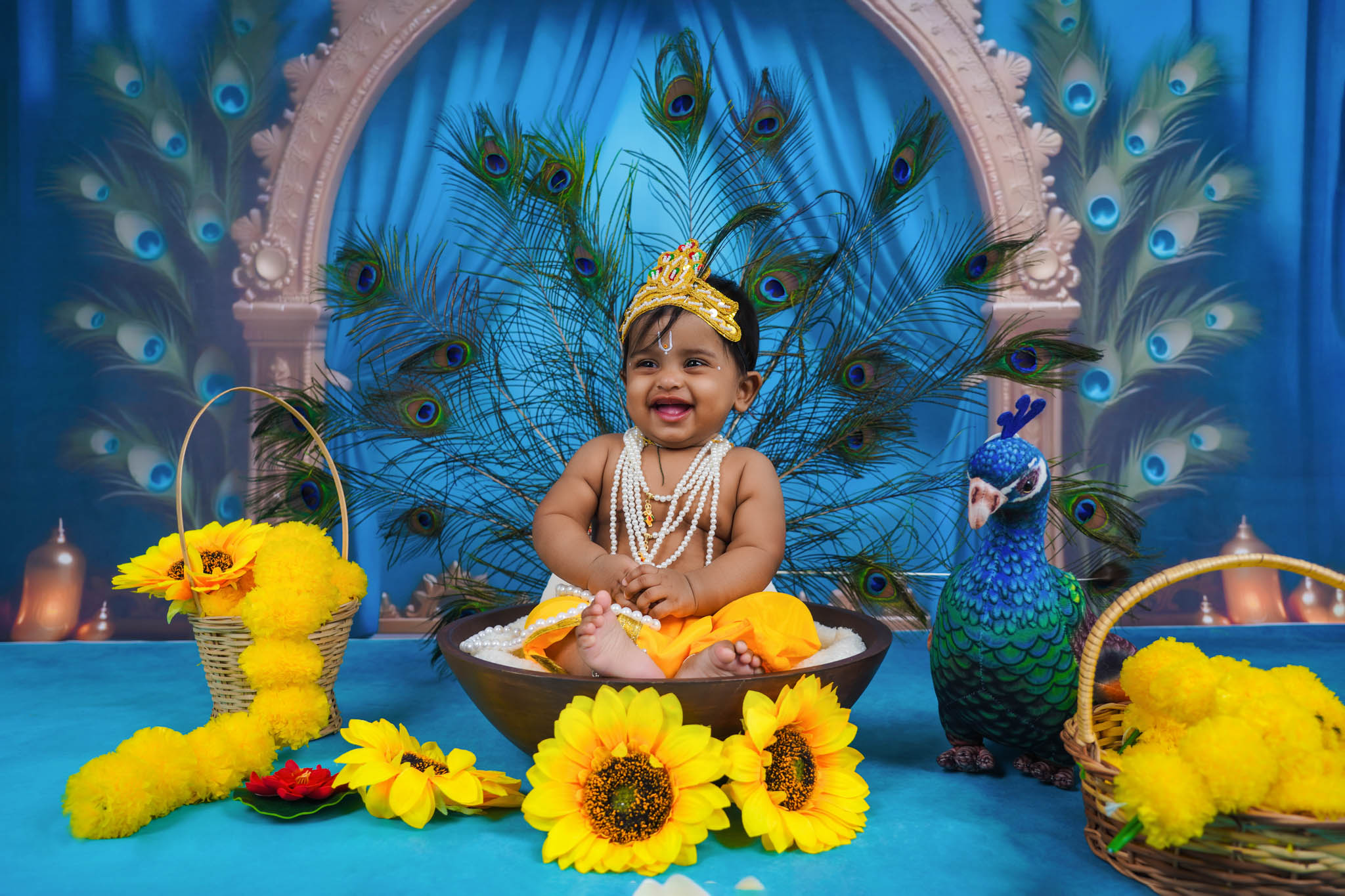 Peacock theme baby photography in Madurai