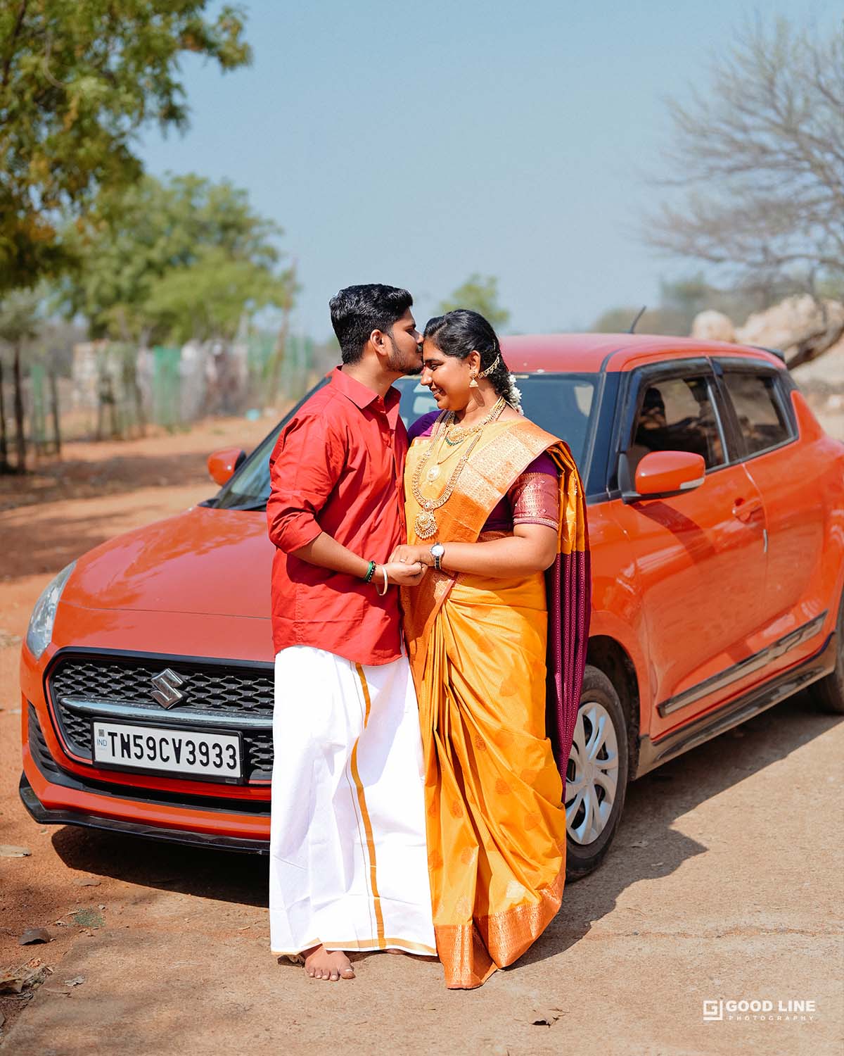 Couple posing at temple